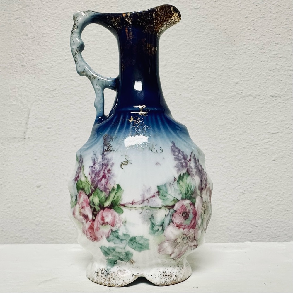 Antique Nippon Style Mini Porcelain Pitcher Victorian Ewer Gilded w/ Flowers